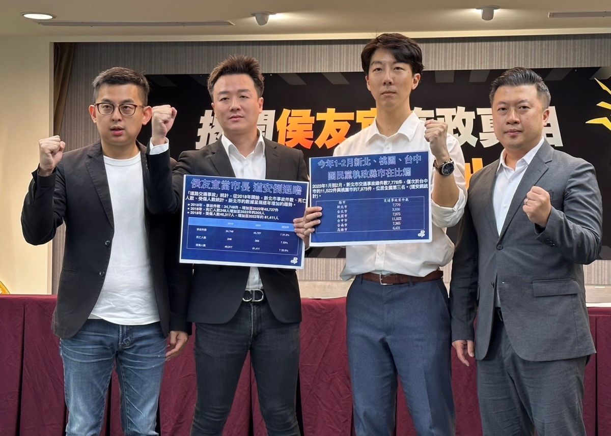 ▲民進黨與立委參選人吳崢、李正皓召開記者會，抨擊新北交通事故六都最高，質疑侯友宜市政管不好還想管國政。（圖／民進黨提供）