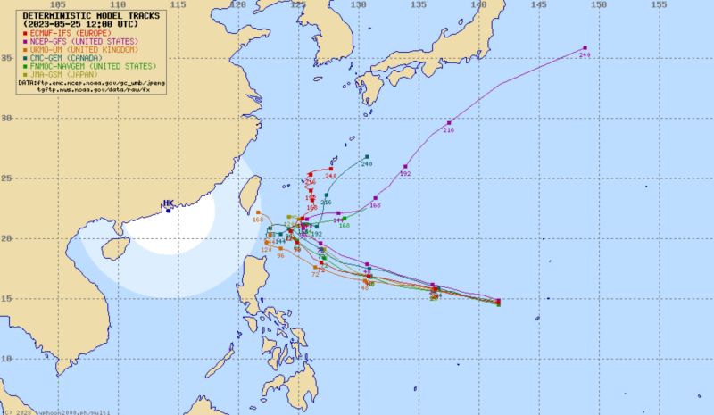 ▲「瑪娃」最新各國路徑預測圖，路徑離台灣愈近，威脅愈大，但仍有不確定性存在。（圖／截至Agency TC Forecast）