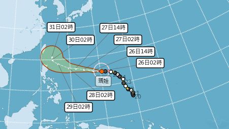 ▲瑪娃颱風26日凌晨2時最新路徑圖，預估最快下週一發布海警。（圖／中央氣象局提供）