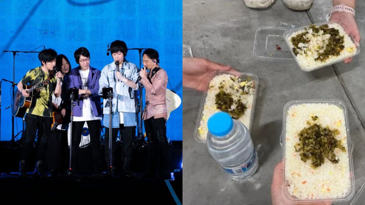 ▲五月天在北京鳥巢的演唱會遭到多名志工抱怨，不把他們當人看，甚至午餐只給酸菜便當果腹，引發爭議。（圖／相信音樂提供、微博）
