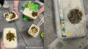 ▲便當菜色只有白飯、碎蛋和一碗酸菜，讓不少志工相當傻眼。（圖／微博）