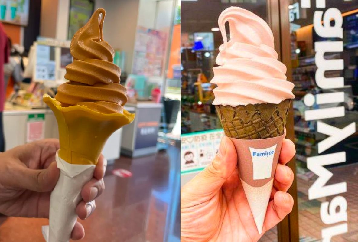 ▲7-11泰式奶茶霜淇淋（左）近日被網友捕獲，而全家霜淇淋（右）則是即將推出新口味應戰。（圖／Dcard／餓童日記提供）