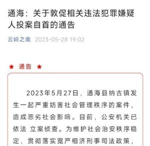 ▲通海縣警方發通告呼籲涉事民眾自首,在6月6日前主動投案,可以從輕、減輕處罰。(圖/翻攝自微信) ▲通海縣警方發通告呼籲涉事民眾自首,在6月6日前主動投案,可以從輕、減輕處罰。(圖/翻攝自微信)