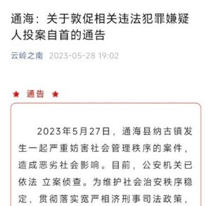 ▲通海縣警方發通告呼籲涉事民眾自首，在6月6日前主動投案，可以從輕、減輕處罰。（圖／翻攝自微信）