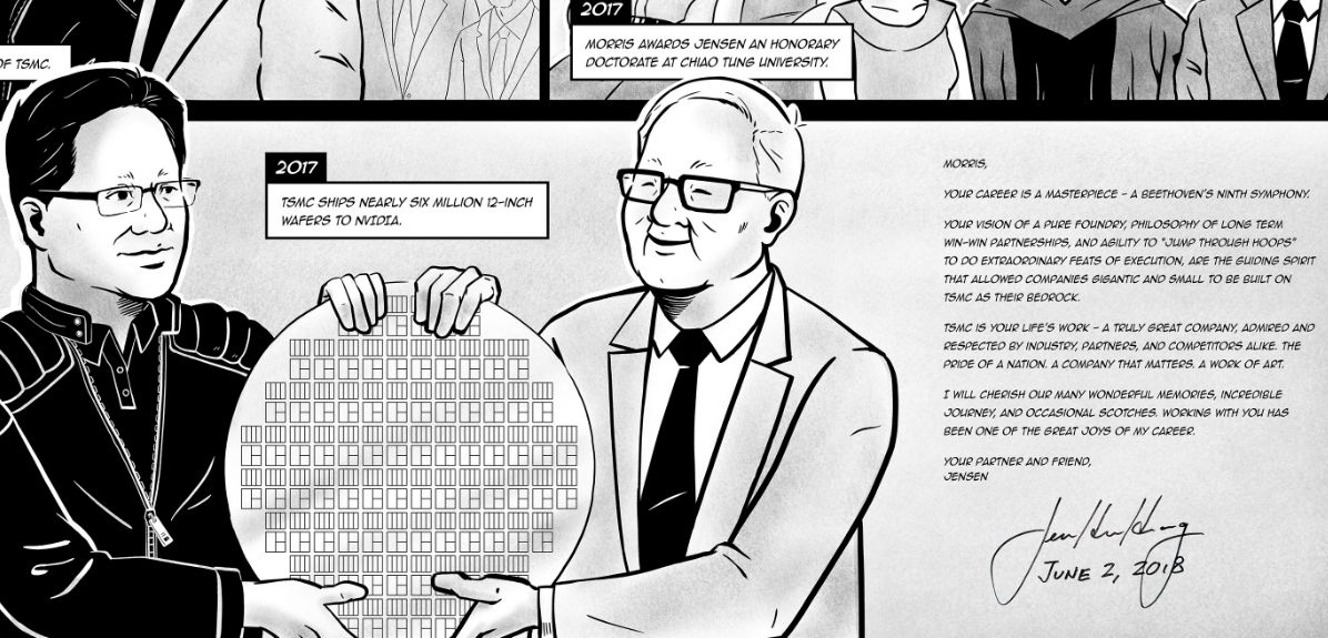 ▲輝達執行長黃仁勳與台積電創辦人張忠謀是忘年之交，黃仁勳甚至把他跟張忠謀之間的趣味小故事畫成漫畫與大眾分享。（圖／截取自輝達官網）