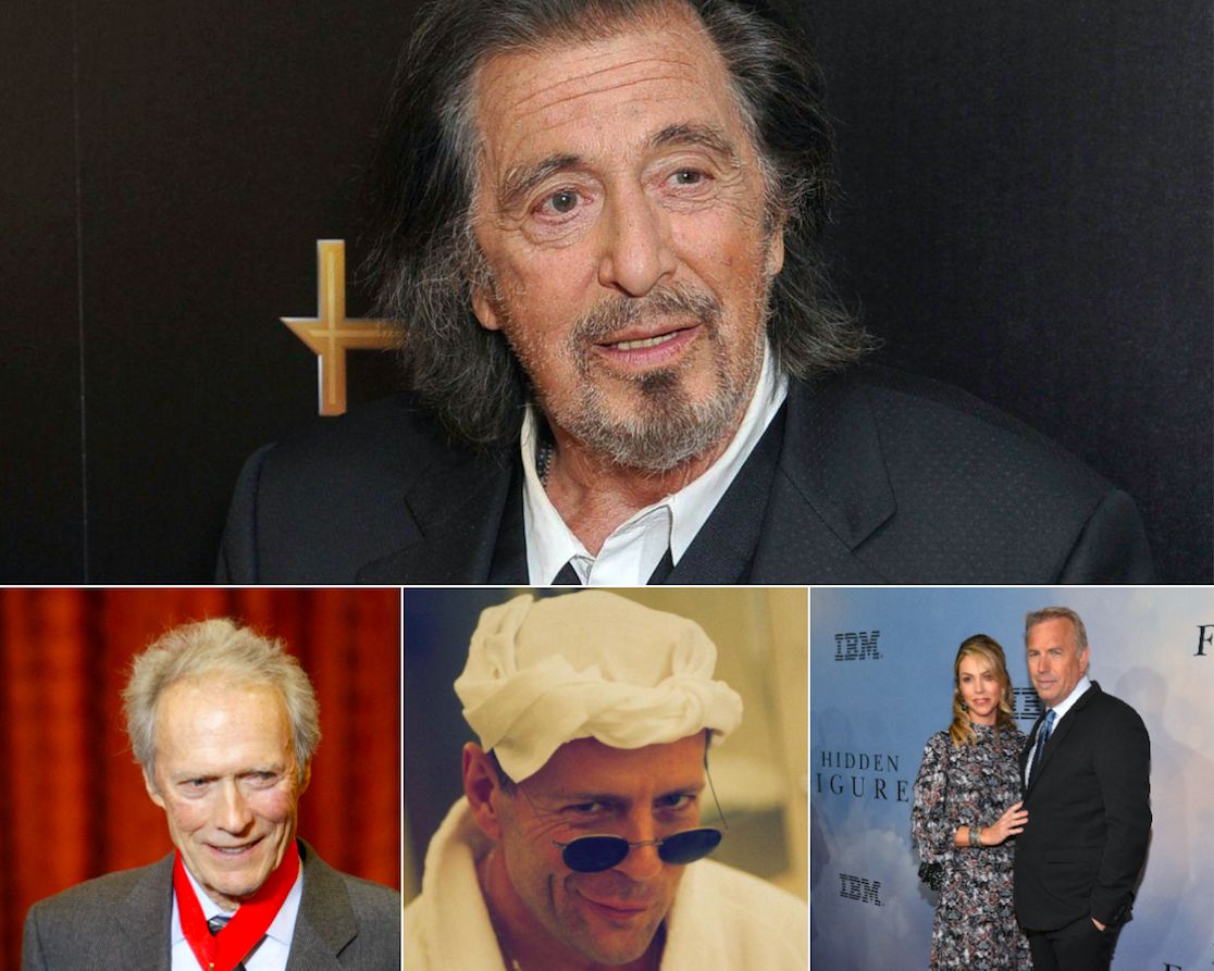 ▲艾爾帕西諾（上排大圖）、柯林伊斯威特（下排左圖起）、布魯斯威利、凱文科斯納（下排右圖右）近況曝光，83歲的艾爾帕西諾再度當爸，布魯斯威利則是已經宣布息影1年多了。（圖／翻攝Emma Heming Willis IG、美聯社／達志影像）