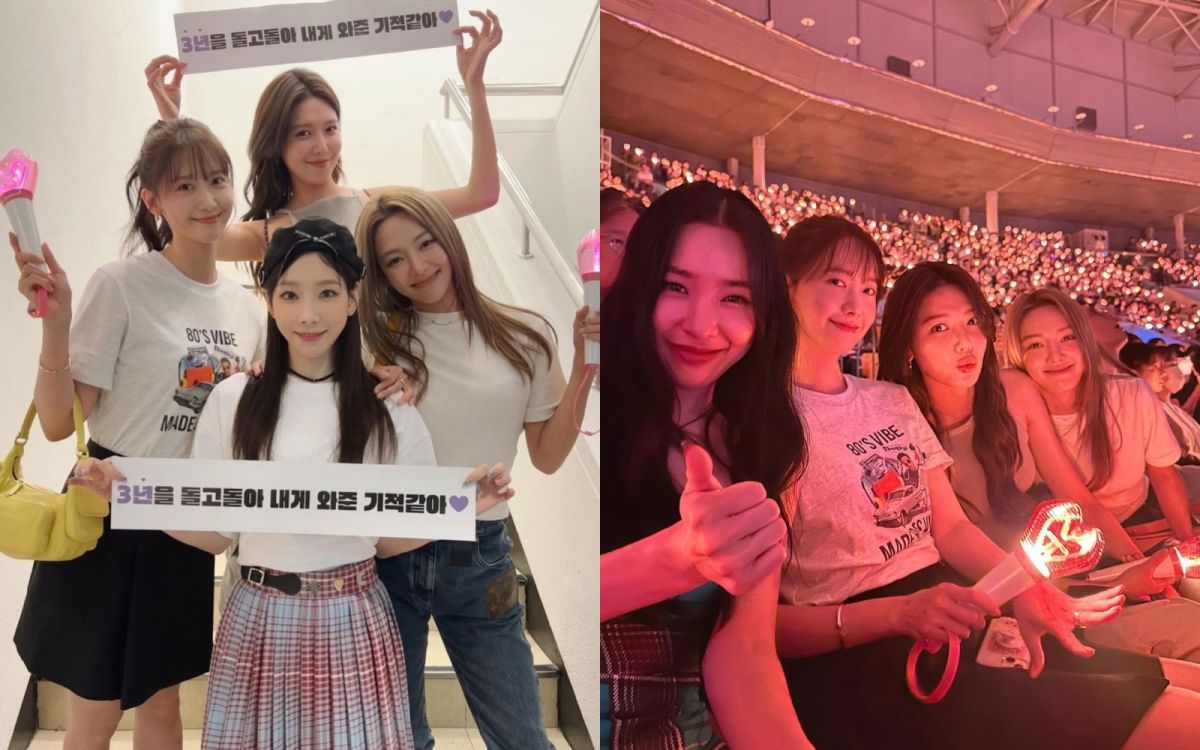 ▲太妍（左圖中）舉辦《The ODD Of LOVE》演唱會，「少女時代」成員Tiffany（右圖左起）、潤娥、秀英、孝淵現身支持。（圖／潤娥IG）