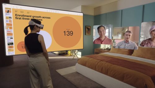 使用 Apple Vision Pro 進行 FaceTime 通話讓協作與連結更容易。影片方塊為真實大小,空間音訊讓聲音聽起來就像從那個人所在的地方發出來的一樣。(圖/官方提供) ▲使用 Apple Vision Pro 進行 FaceTime 通話讓協作與連結更容易。影片方塊為真實大小,空間音訊讓聲音聽起來就像從那個人所在的地方發出來的一樣。(圖/官方提供)
