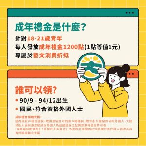 文化部成人禮金 ▲文化部於6/6起發給18至21歲青年,每人成年禮金1,200點。((圖/翻攝文化部官網)