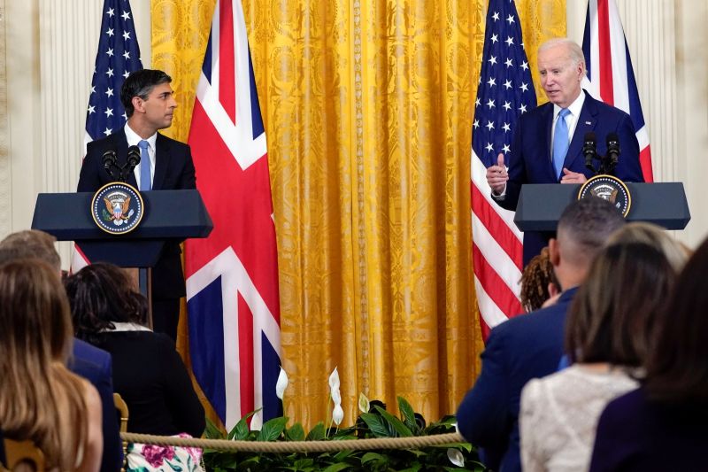 ▲英國首相蘇納克8日與美國總統拜登在白宮會談後，雙方發布「大西洋宣言」。（圖／美聯社／達志影像）