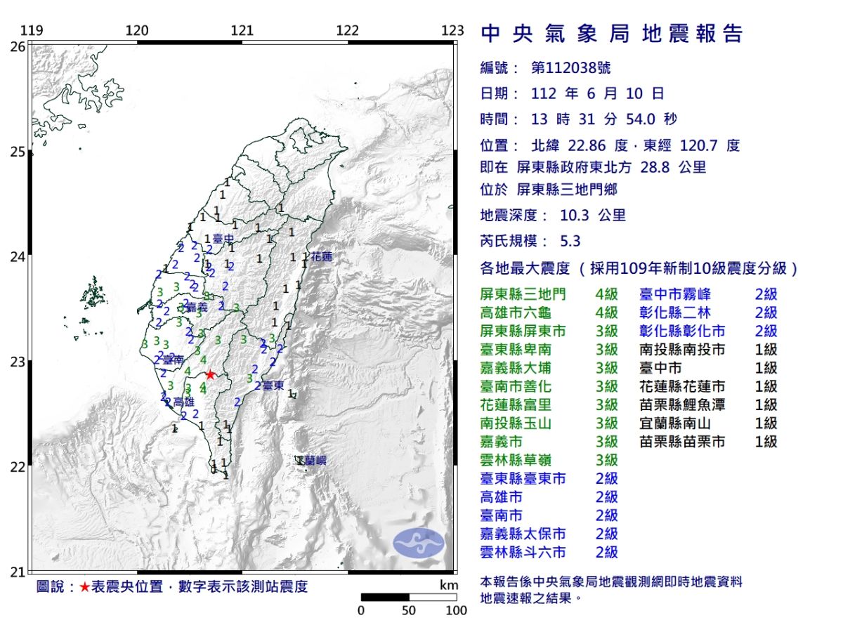 ▲今（10）日13時31分，屏東縣三地門鄉發生芮氏規模5.3地震，讓許多南部民眾嚇一大跳，氣象局不排除有芮氏規模3或4以上的餘震出現。（圖／中央氣象局提供）