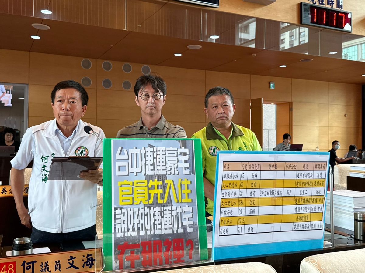 ▲議員何文海、江肇國總質詢指出，市府承租11戶已完工的捷運宅官舍，他質疑「自肥住豪宅」(圖／柳榮俊攝2023.6.12)