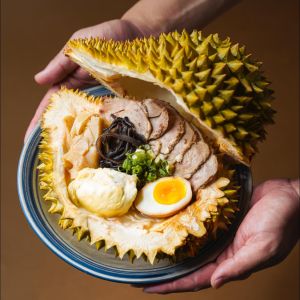整碗拉麵還以榴槤殼盛裝,整體外觀看起來震撼。(圖/取自山禾堂拉麵(岡山店)臉書粉專) ▲整碗拉麵還以榴槤殼盛裝,整體外觀看起來震撼。(圖/取自山禾堂拉麵(岡山店)臉書粉專)