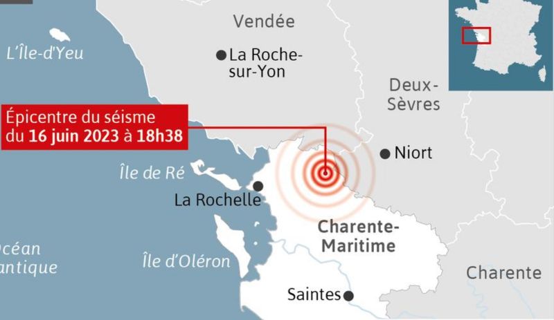 ▲法國西部夏宏特省（Charente-Maritime）發生規模4.8、深度10公里的地震。（圖／翻攝自Sud Ouest）