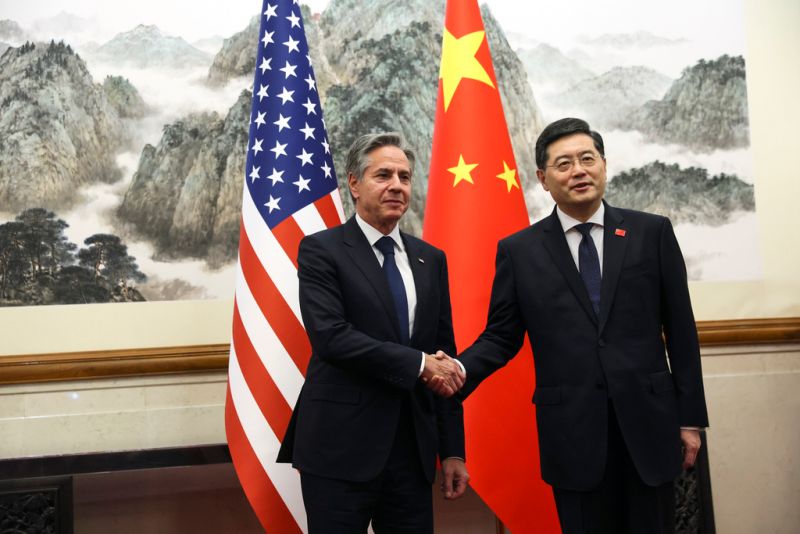 ▲美國務卿布林肯18日與中國外交部長秦剛進行會晤，這是睽違五年以來美方首度有高層級政治人物踏上中國。（圖／美聯社／達志影像）