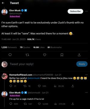 ▲馬斯克在推特上發出酸祖克柏的推文，卻被網友回應釣到，向祖克柏發起了鐵籠戰邀請。（圖／Twitter）