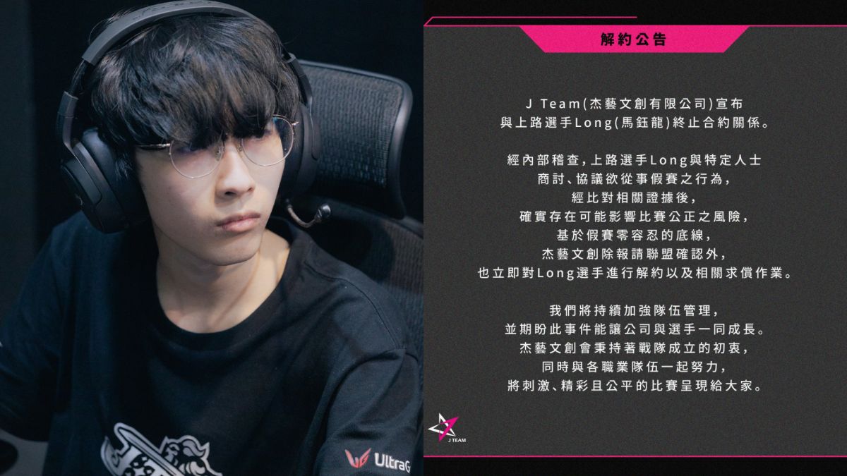 ▲男星周杰倫旗下戰隊JTeam的《英雄聯盟》分布，昨（21）日突然公告要與上路選手Long解約，原因竟是涉及打假賽。（圖／Jteam）