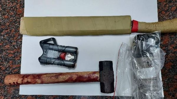 ▲陳男及張男拿出藏在包包中的柴刀、榔頭和辣椒水等物，攻擊寵物店林姓店員。（圖／翻攝畫面）