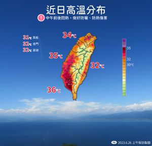 ▲本週白天高溫普遍都能來到攝氏32至34度，中午前後，南部和東部地區要留意攝氏36度甚至以上的高溫（圖／中央氣象局提供）（圖／中央氣象局提供）