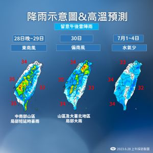 ▲本週降雨區域以及各地高溫狀況。（圖／氣象局提供）