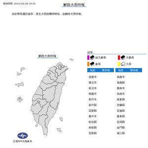 ▲今（28）日晚間19點40分，中央氣象局宣布，由於降雨趨於緩和，發生大雨的機率降低，故解除大雨特報。（圖／中央氣象局）