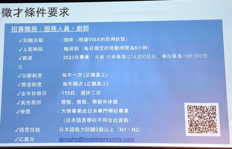 ▲「星野集團」將於全年間招攬60名優秀的台灣人才，不拘工作經歷，需須擁有日本語能力試驗2級以上（N1、N2）語言技能，任職地點為日本北海道、東北與沖繩地區。（圖／記者蕭涵云攝）