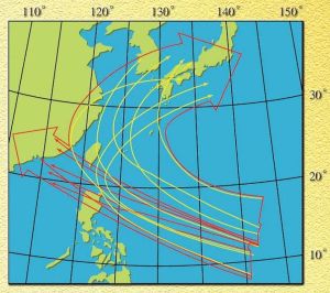 ▲，在北太平洋西部生成的颱風，會受「太平洋高壓環流」所導引，因此在太平洋上，颱風多以偏西路徑移動。（圖／中央氣象局提供）