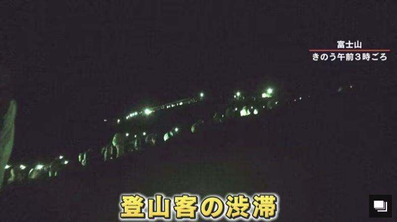 ▲登山客搶在凌晨攻頂富士山,配戴的頭燈在黑暗中排列了好幾百公尺。(圖/翻攝自《富士新聞網》)