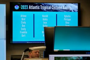 ▲佛羅里達州邁阿密國家颶風中心展示的，2023年大西洋颶風季風暴命名列表。（圖／美聯社／達志影像）