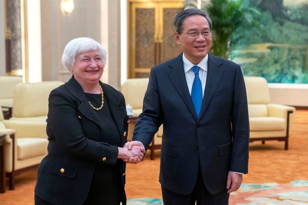 ▲美國財政部長葉倫（Janet Yellen）今天與中國國務院總理李強會面。她在會議開始時表示，美國不尋求與中國進行「贏者全拿」式的經濟競爭。（圖／美聯社／達志影像）