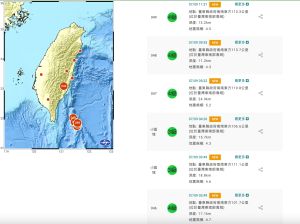 ▲在芮氏規模5.3的主震出現後，台灣東南外海一連出現6起芮氏規模都在4以上的餘震。（圖／翻攝中央氣象局官網）