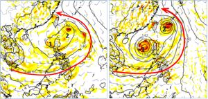 ▲最新(10日20時)美國(GFS左圖)及加拿大(CMC右圖)模式模擬15日20時預測圖顯示，菲律賓、台灣東方海面至南海一帶有2個熱帶擾動；但其強度、路徑兩模式皆有很大差異。（圖／翻攝自「三立準氣象.老大洩天機」）