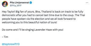 ▲皮塔在推特上向泰勒絲喊話，希望天后能到泰國舉行演唱會。（圖／翻攝Pita Limjaroenrat推特）