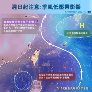 ▲台灣受到大低壓帶的影響，從週末開始天氣又會轉為不穩定的情況，降雨會變得明顯許多。（圖／中央氣象局提供）