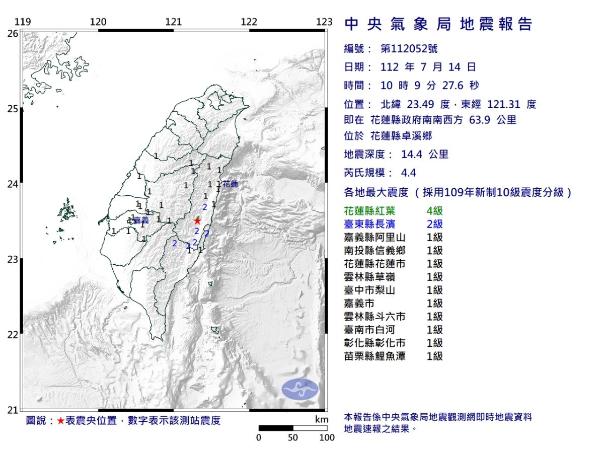▲花蓮縣發生芮氏規模4.4地震，震央位於卓溪鄉，地震深度14.4公里，屬於極淺層地震。（圖／氣象局提供）
