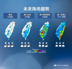 ▲週末2天受到「準泰利颱風」影響，台灣水氣偏多，降雨變得明顯，其中東半部、南部、基隆北海岸要留意較大雨勢。（圖／中央氣象局提供）