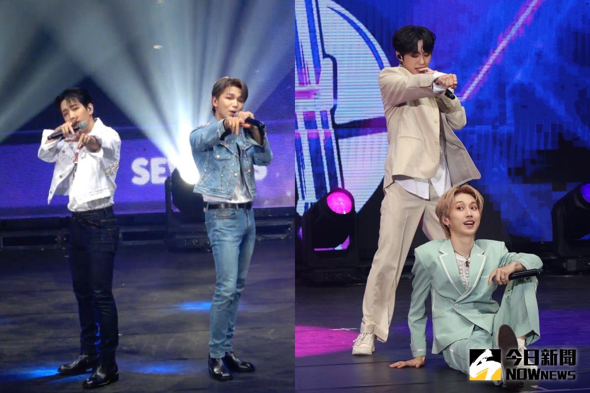 ▲《PEAK TIME》台北演唱會，「M.O.N.T」Bitsaeon（右圖左）、Roda（右圖右）率先登場；MASC前成員熙宰（左圖左）、IREAH（左圖右）自組的「SEVENUS」第二組表演。（圖／記者陳明中攝、華藝娛樂）