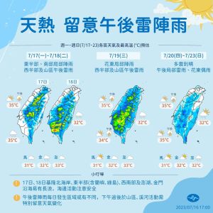 ▲氣象局提及，未來3天台灣各地水氣偏多，午後雷陣雨相當明顯，週末可能又會有新的一顆颱風生成。（圖／中央氣象局提供）