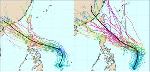 ▲杜蘇芮颱風生成後，歐洲模式（左）路徑與泰利相似，美國模式（右）則較貼近台灣。（圖／「三立準氣象．老大洩天機」專欄）