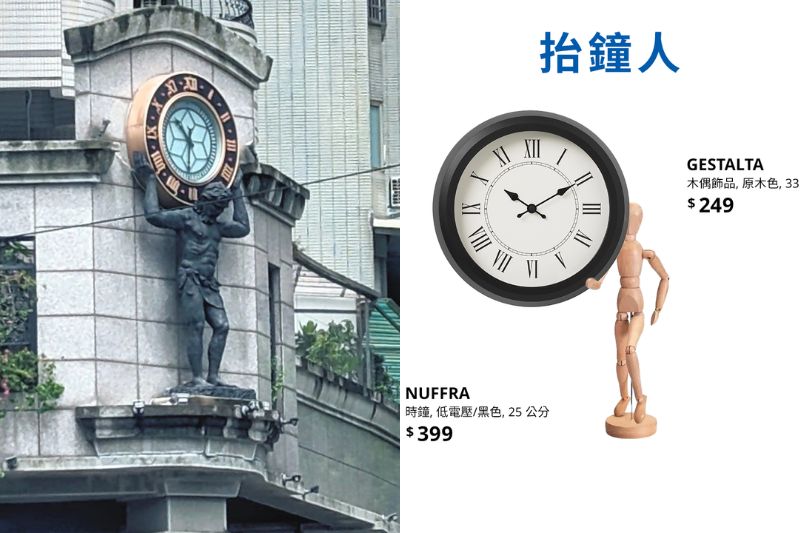 ▲一開始源自臉書社團當中,照片中有一人形雕像舉著時鐘,該網友為照片下註解「抬鐘人」,引起廣大迴響。(圖/路上觀察學院、IKEA)
