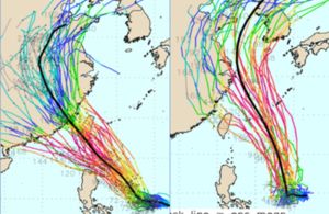 ▲吳德榮表示，歐洲模式（左）不少路徑通過台灣，美國模式（右）則大多分散在台灣東側海面，部分觸及台灣。（圖／「三立準氣象．老大洩天機」）