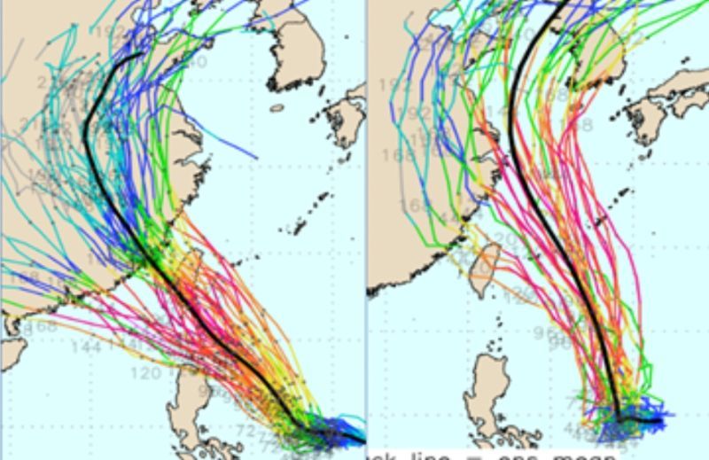 ▲吳德榮表示，歐洲模式（左）不少路徑通過台灣，美國模式（右）則大多分散在台灣東側海面，部分觸及台灣。（圖／「三立準氣象．老大洩天機」）
