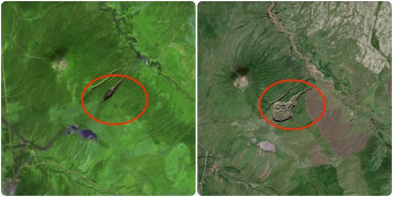 ▲位於西伯利亞切斯基的永凍土坑「巴塔蓋卡坑（Batagaika crater）」塌陷的規模越來越大，是全球暖化的明顯警訊。圖左為1991年空拍照，圖右為2022年空拍照。（圖／翻攝自美國地質調查局官網）