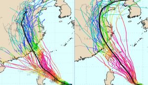 ▲針對杜蘇芮颱風，歐洲模式（左）平均路徑中心擦過台灣南端及西南部，美國模式（右）中心則是通過台灣東北部。（圖／「三立準氣象．老大洩天機」）