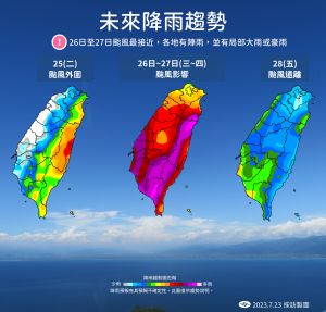 ▲週三和週四（7月26日至7月27日）杜蘇芮颱風最接近台灣，全台都要慎防豪雨釀災。（圖／中央氣象局提供）