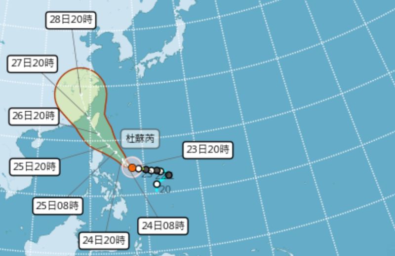 ▲杜蘇芮颱風目前預測路徑直撲台灣，有機會在台東登陸，氣象局提醒，未來幾天請民眾留意較大的風雨。（圖／翻攝中央氣象局官網）