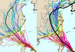 ▲歐洲模式（左）預測，杜蘇芮颱風中心與台灣有段距離，美國模式（右）中心雖然較靠近，但仍閃過台灣。（圖／「三立準氣象．老大洩天機」）