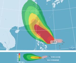 ▲從氣象局「路徑潛勢及侵襲機率預測圖」來看，杜蘇芮向西北前進，路徑往南調整，但侵襲台灣機率高達100%。（圖／翻攝中央氣象局官網）