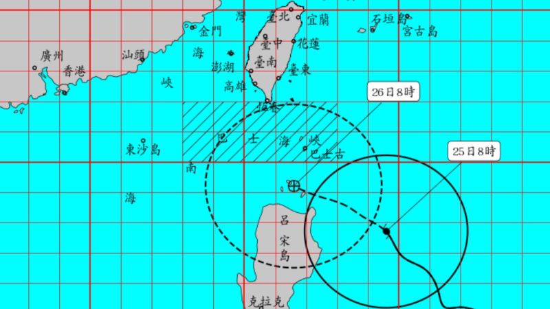 ▲杜蘇芮颱風今（25）日上午8時在鵝鑾鼻東南方海面，向西北西移動，暴風圈朝巴士海峽接近。（圖／中央氣象局）