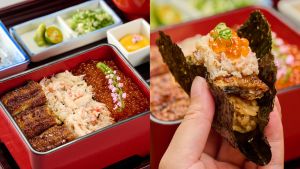 ▲建議三吃的「鰻蟹鮭三盛合  重。壽司」860元，最後一吃可用海苔捲成頂級散壽司。（圖／小倉屋提供）